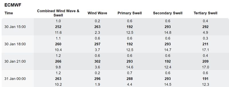 Here is an example of a wave forecast produced by the European forecasting model, published by PredictWind. This is an example of a very calm moment with 1 meter waves created by 4 different sources - the wind at the location plus 3 swells that came from other places.
