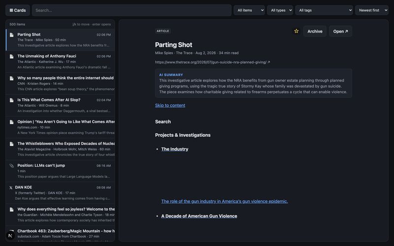 The reader view with an article list and reading pane
