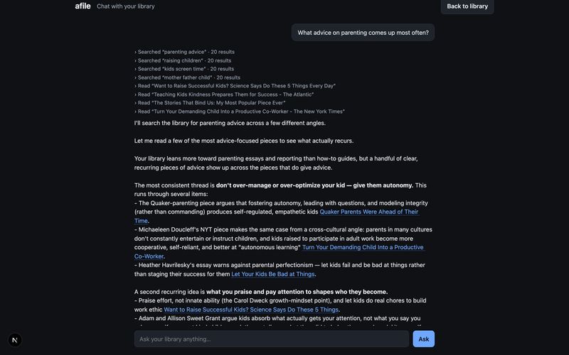 The chat view answering a question about parenting advice, showing its searches and a cited answer
