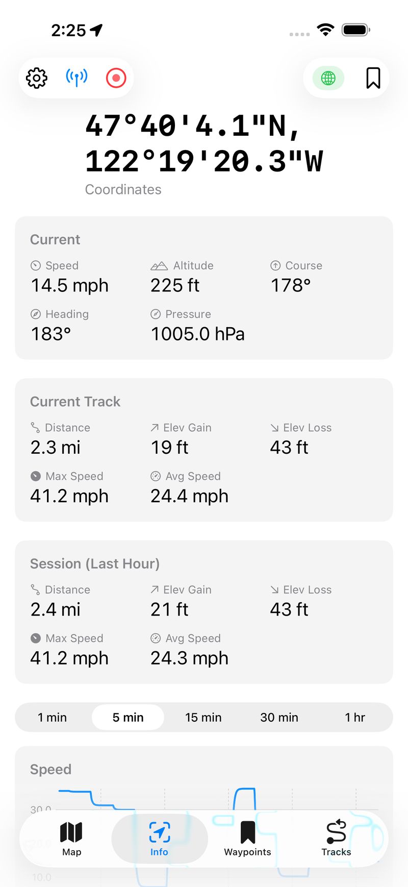 The Info tab showing detailed GPS readings and session statistics