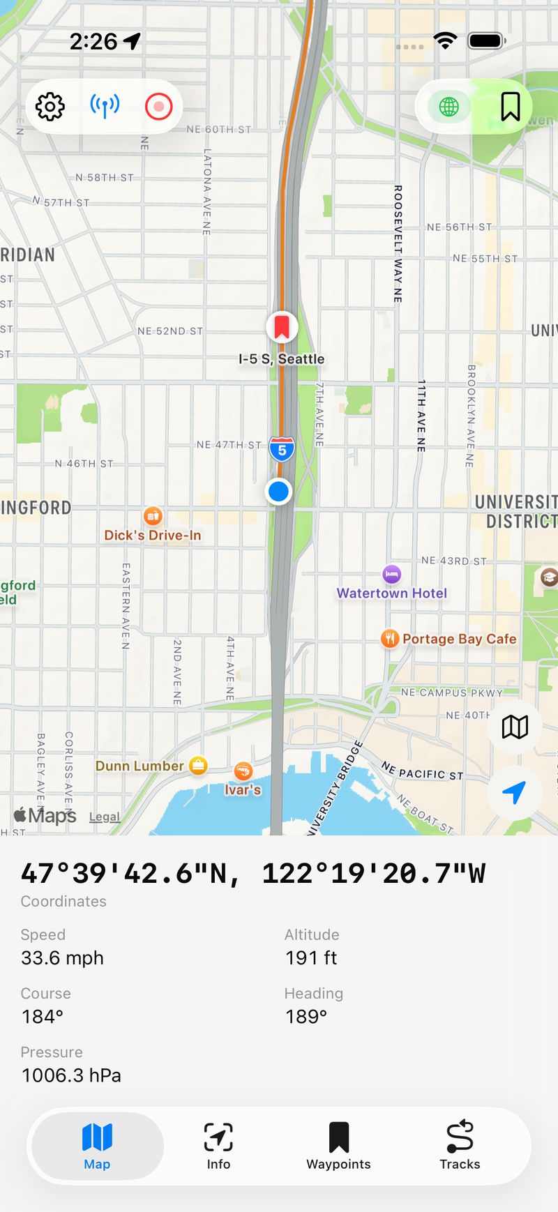 A recorded track displayed on the map as a colored trail