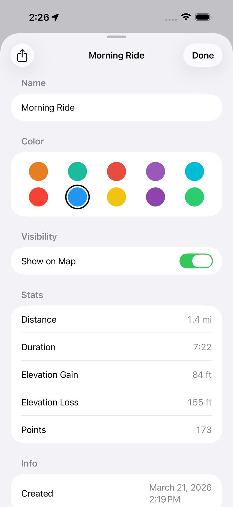 Track detail screen showing stats, color picker, and metadata