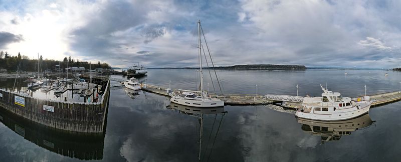 Panorama view of the harbor at Langley, with Camano Island across the way.