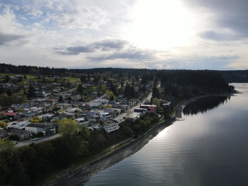 An overhead view of Langley looking west from Saratoga Passage