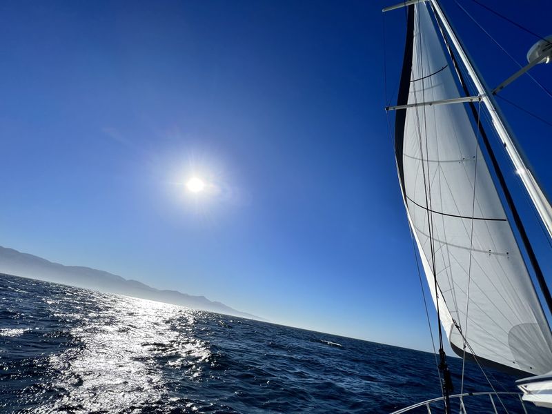 Sailing south along Big Sur under jib alone to get a sense of wind and waves.