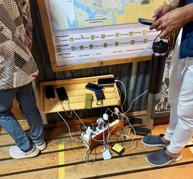 Phone charging at the Grey Glacier Refugio