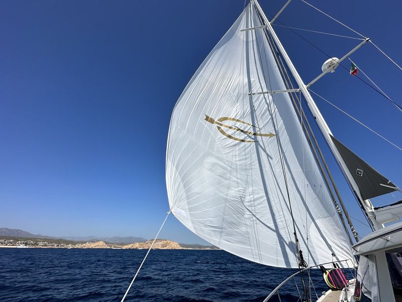 Sailing past Cabo San Lucas under Geneker alone - we can do 6-8 knots with this sail alone, in a wide variety of wind conditions