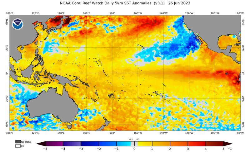 Surface Sea Temperature (SST) anomaly chart for June 26, 2023. Red means it is hotter than usual. There is a lot of red where we are.