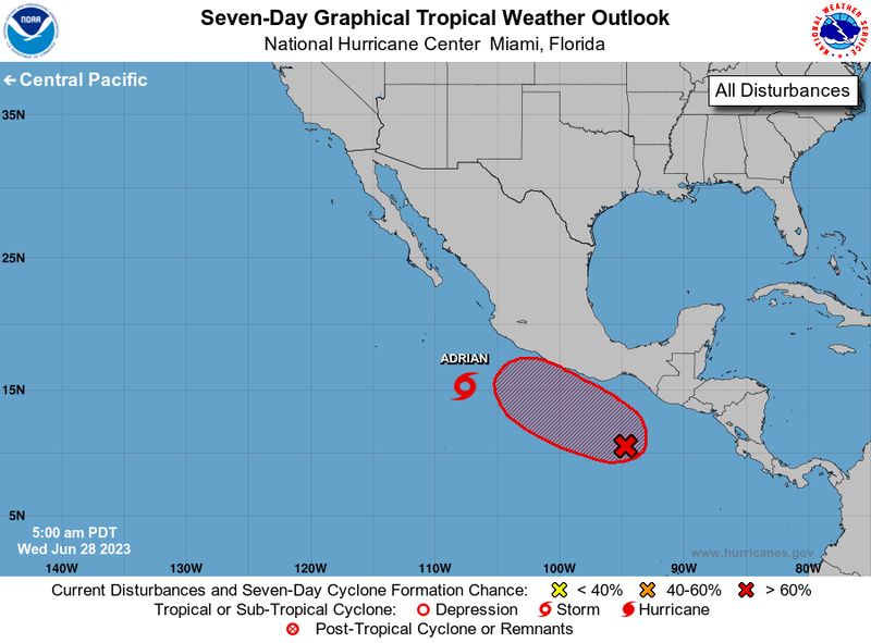 The updated outlook with Tropical Storm Adrian called out.
