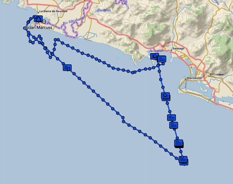 You can see our trip south - the one with the big left turn in the bottom right-hand corner. You can also see our trip north, the one with the zig zags near the end. You can also see all the places we sent satellite messages to communicate with our onshore contacts.