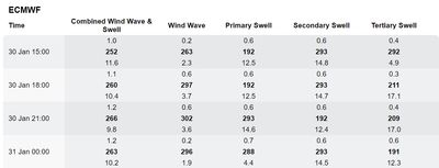 Here is an example of a wave forecast produced by the European forecasting model, published by PredictWind. This is an example of a very calm moment with 1 meter waves created by 4 different sources - the wind at the location plus 3 swells that came from other places.