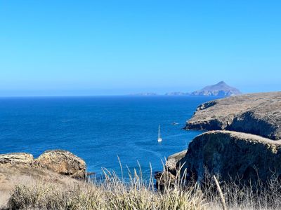 Our boat at anchor in Little Scorpion, viewed from the trail that leads from the NPS landing site in Scorpion to Smugglers. The island in the background is Anacapa.