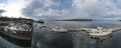 Panorama view of the harbor at Langley, with Camano Island across the way.