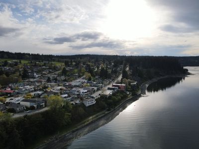 An overhead view of Langley looking west from Saratoga Passage
