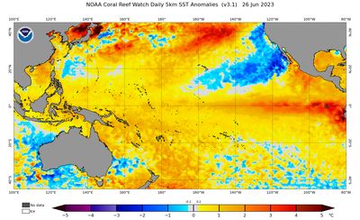 Surface Sea Temperature (SST) anomaly chart for June 26, 2023. Red means it is hotter than usual. There is a lot of red where we are.